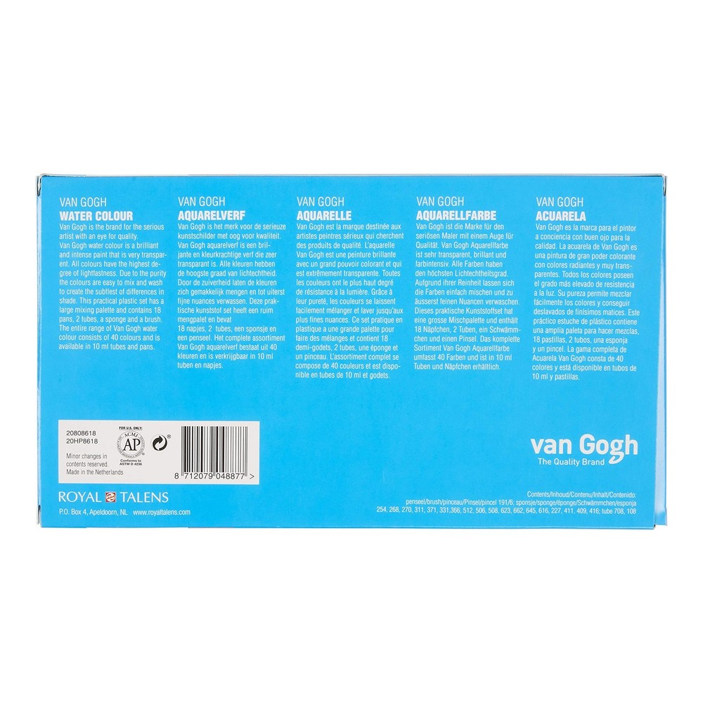 Van Gogh Watercolor Paint Set, Plastic Pocketbox, 18-Half Pan + 2x10ml