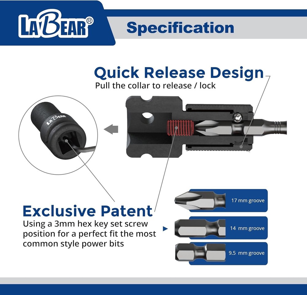3/8" to 1/4" Hex Impact Adapter with Quick Release & Adjustable Screw, Cr-Mo ...