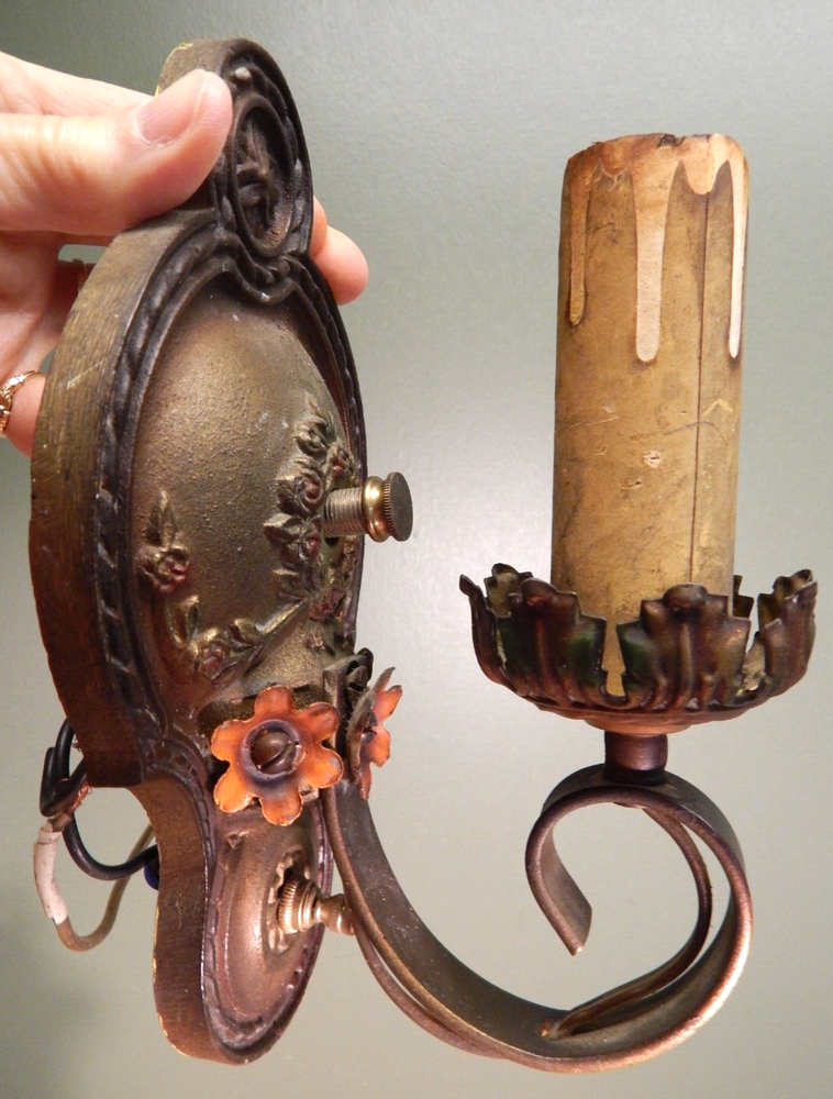 PAIR ART DECO CAST IRON WALL SCONCES POLYCHROMED ORIGINAL