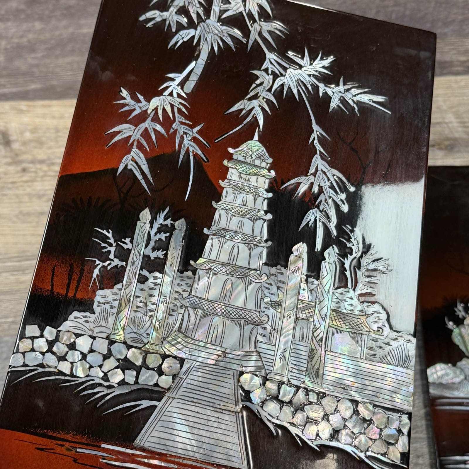 3 Vintage Asian Mother of Pearl Inlay Red Lacquer Wall Panels Village Landscape