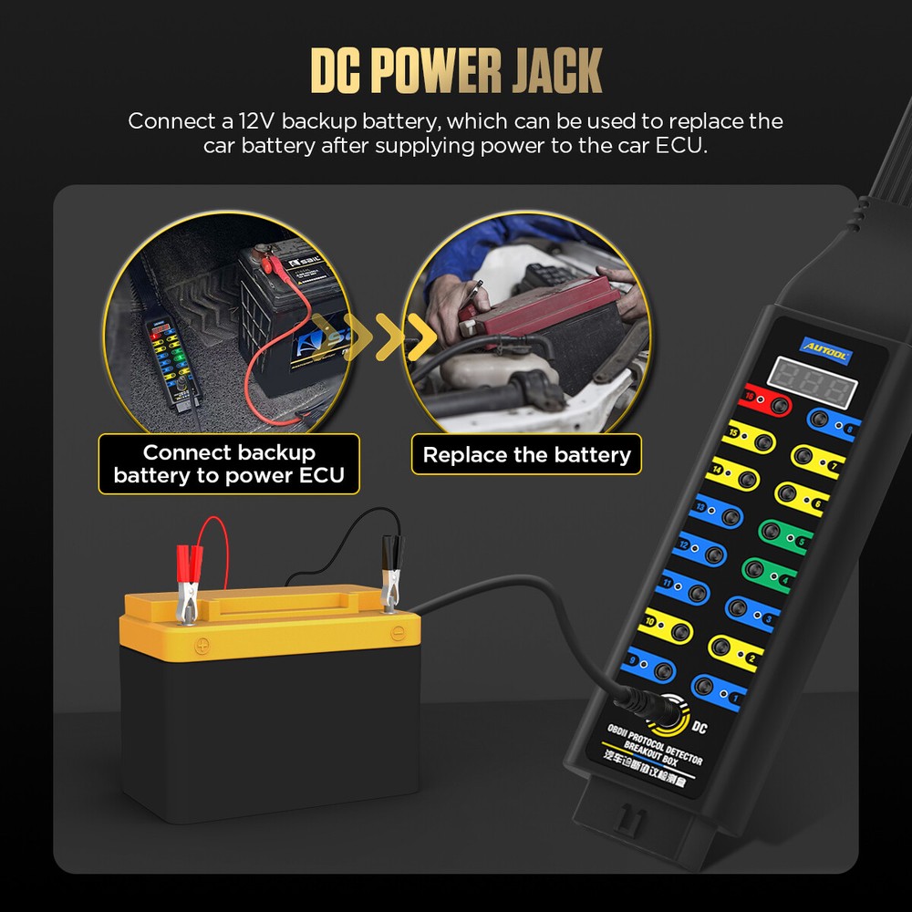AUTOOL OBDII CAN Breakout Box Voltage Display OBDII Protocol Detector Diagnostic