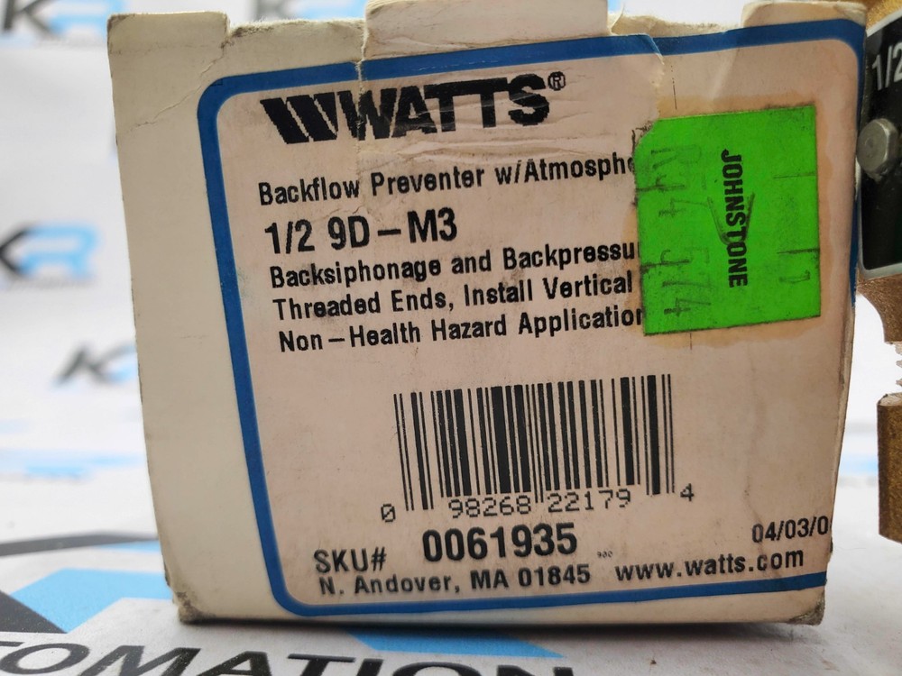 Watts 1/2" 9D-M3 Backflow Preventer W/ Atmospheric Vent 175PSI