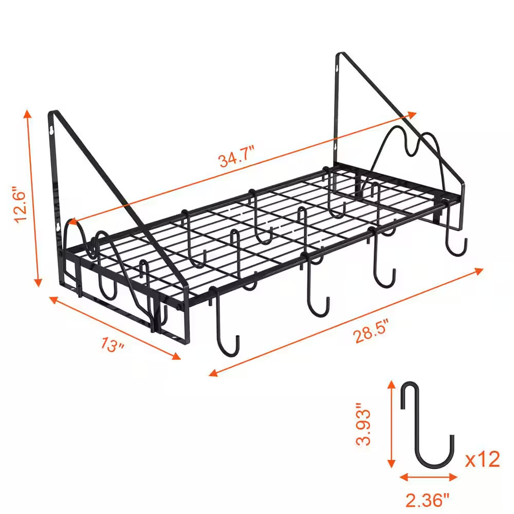 34.7 In. L X 13 In. W X 12.6 In. H Black Steel Wall Mounted Pot Rack with 12 Hoo