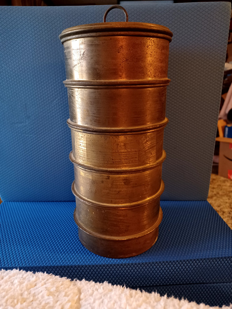 Vintage Brass Stackable Lab Sieves Set(5 + base pan + lid)-11" X 5"-DIAMETER