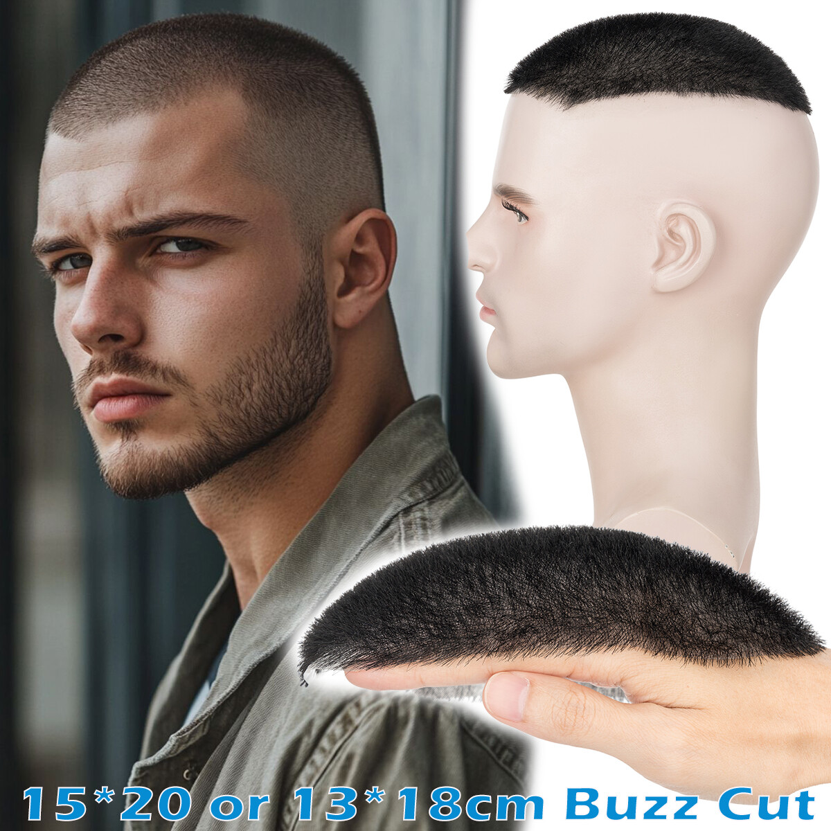 Thin Skin PU Buzz Cut Mens Toupee Virgin Human Hair Replacement System 1CM Wig H