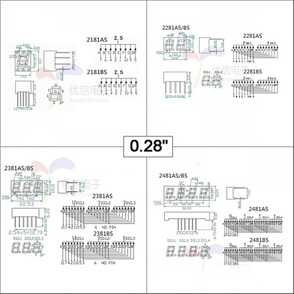 0.28/0.36/0.4/0.56/0.8" Red led Display 7 Segment Common Cathode/Anode 1-4 Digit