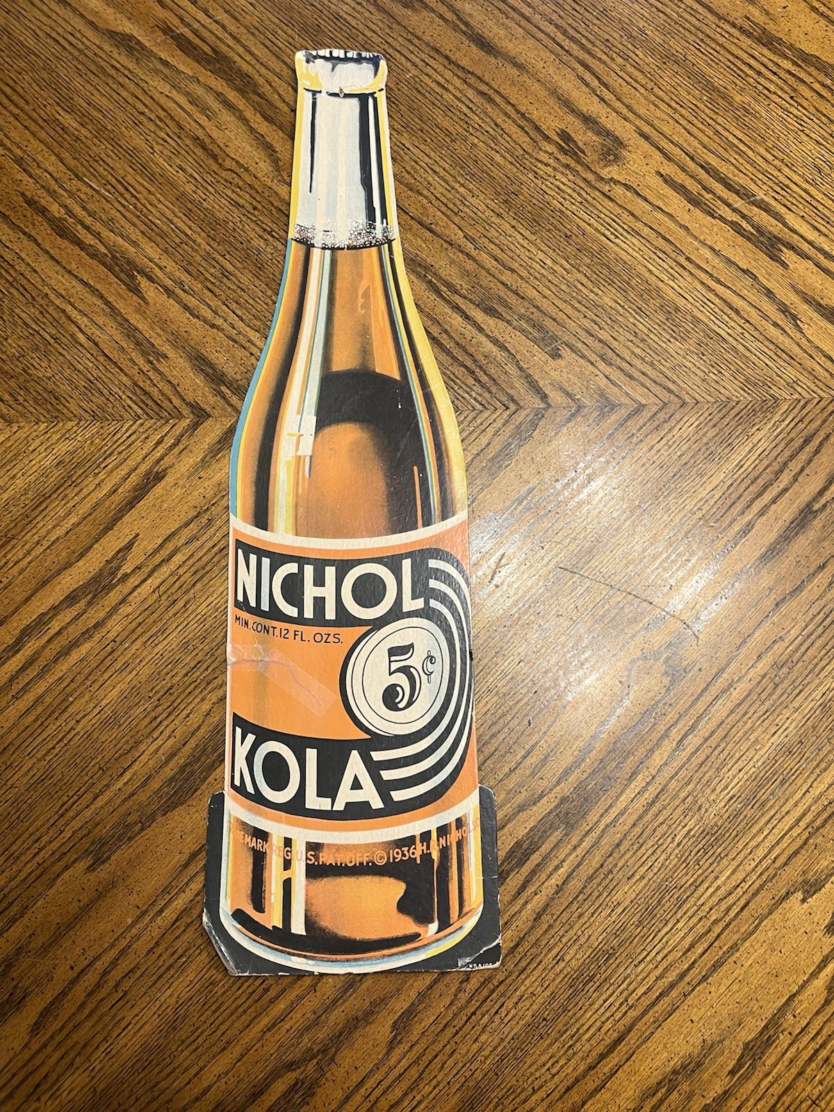 Antique 1936 Nichol Kola Cardboard Soda Bottle Advertising Sign