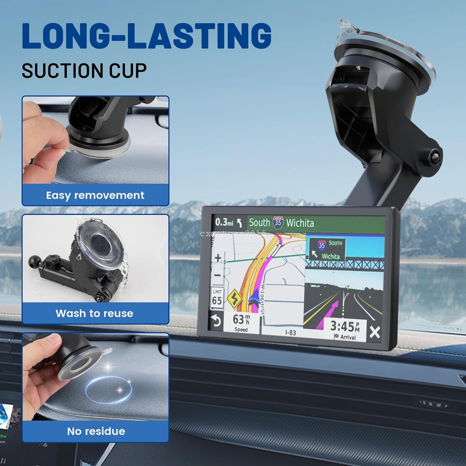 GPS Holder Suction Cup w/ Telescopic Arm for Garmin Dashboard & Windshield Mount