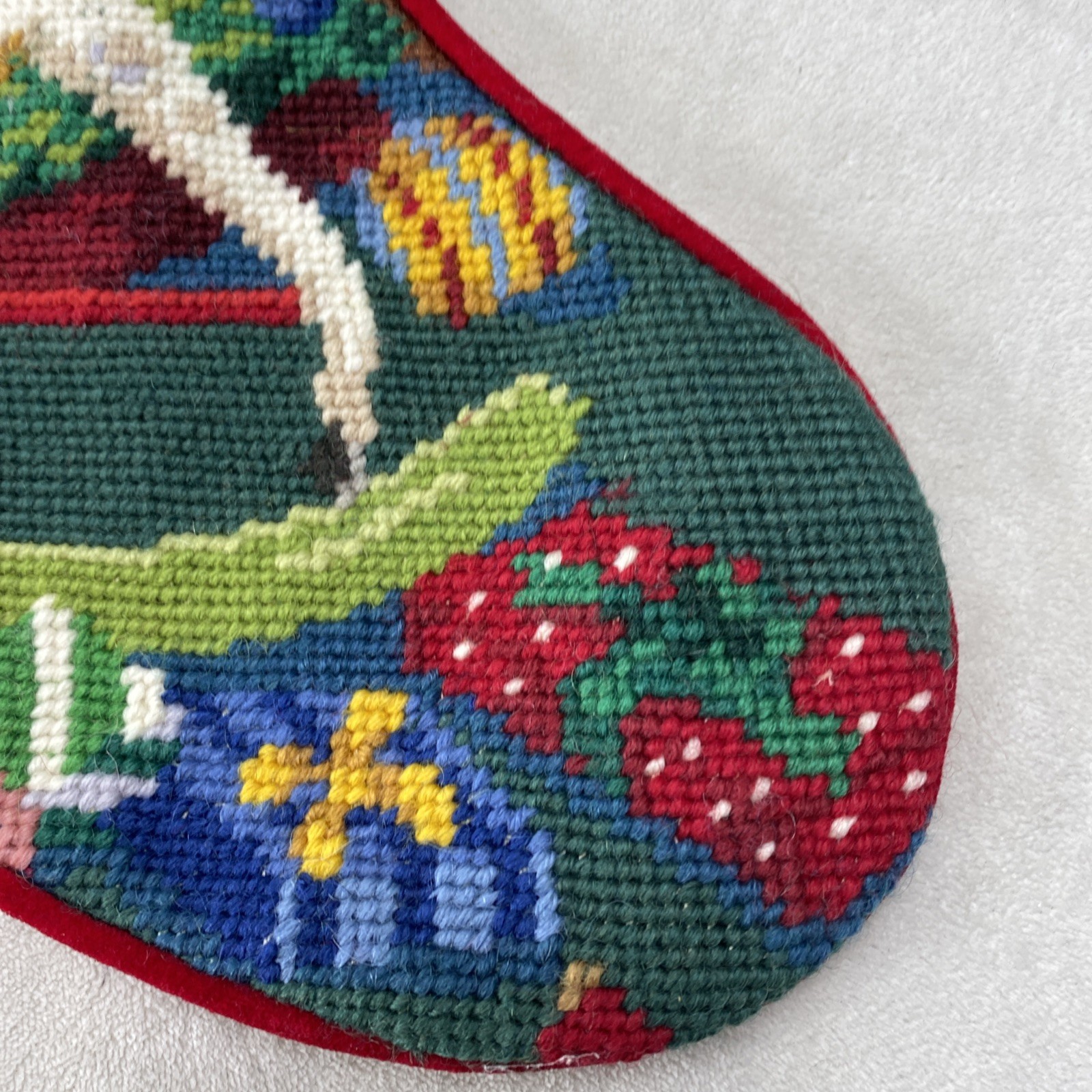 Vintage Wool Red Velvet Needlepoint Christmas Stocking Teddy Bear Rocking Horse