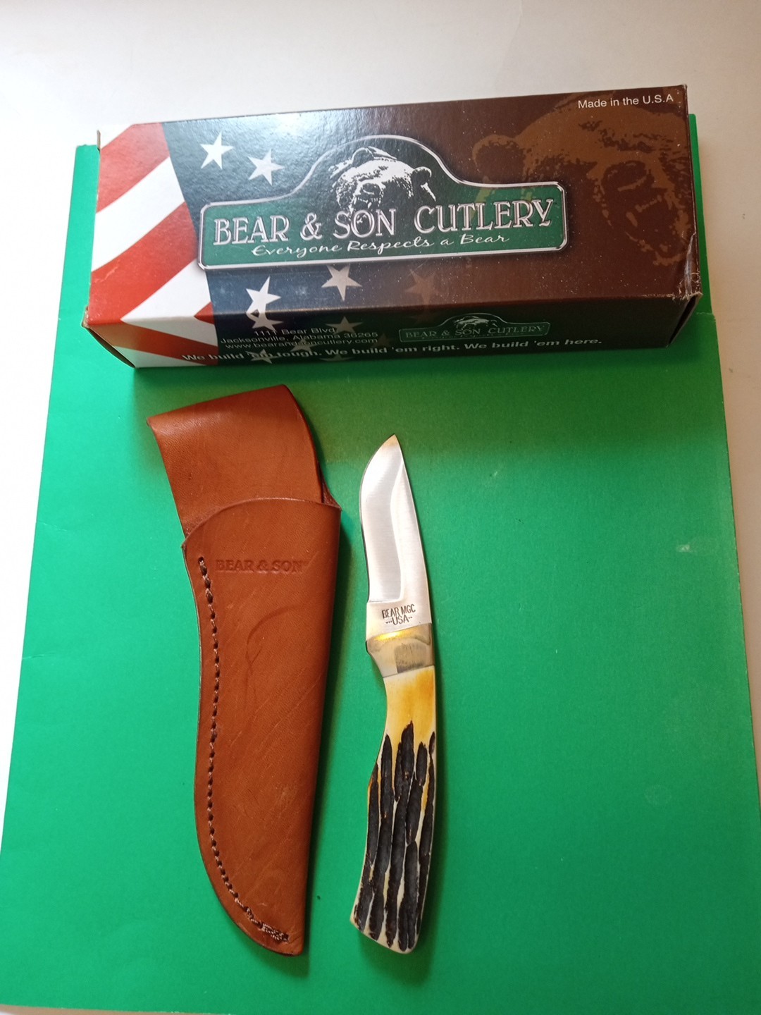 Bear and Son Cutlery USA India Stag Fixed Blade Knife NOS Box and Sheath