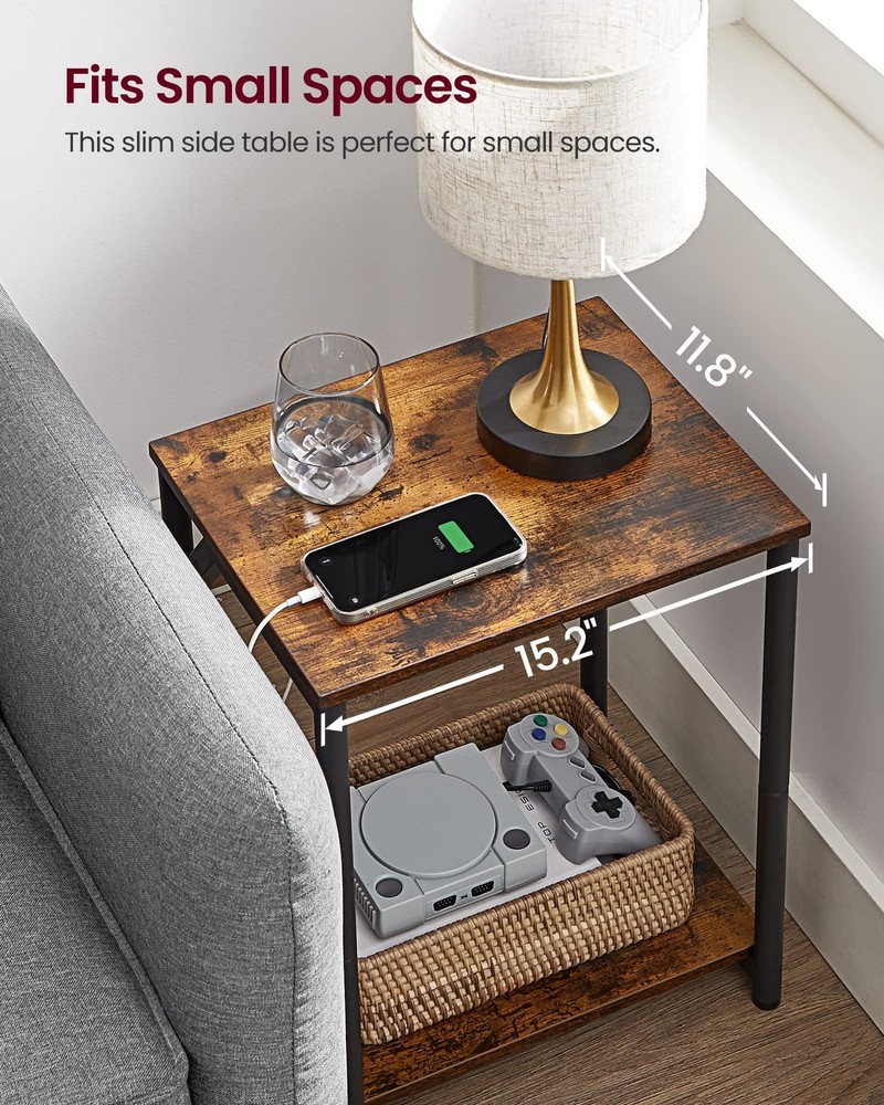 End Table Charging Station Small Side Table Nightstand USB Outlets Brown