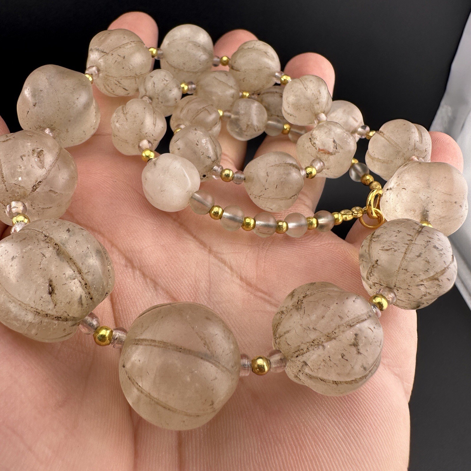 Old Himalayan Regions Crystals ￼ Beads Carving Gold Plated Beads Necklace Rare