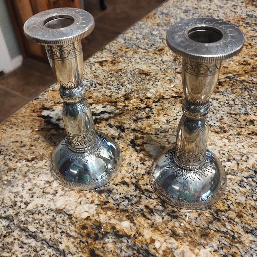 Brighton Silver Candle Holders Pair with Decorative Etching