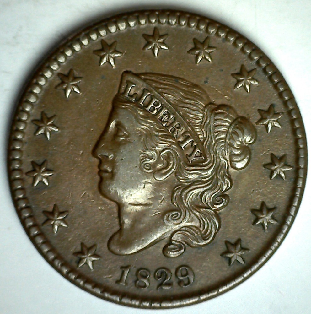 1829 Copper Coronet Head Large Cent 1c US Type Coin Almost Uncirculated Philly
