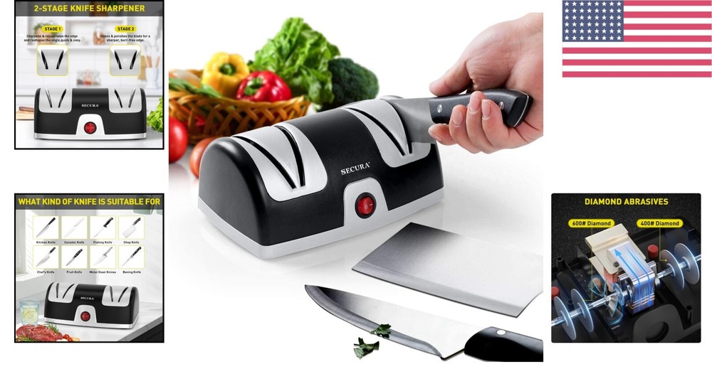 Razor-Sharp Electric Knife Sharpener with Diamond Abrasives & Included