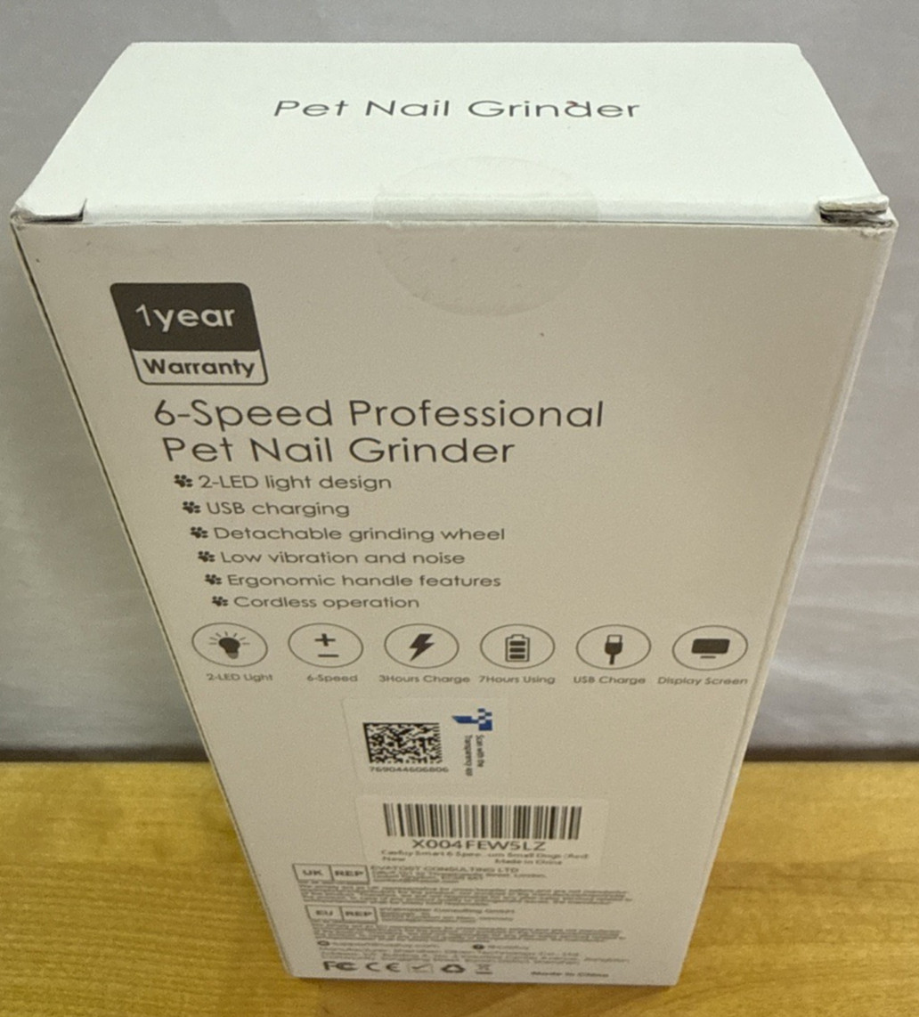 Casfuy Smart 6-Speed Dog Nail Grinder 50% More Power 2 LED Lights Quiet Red NEW