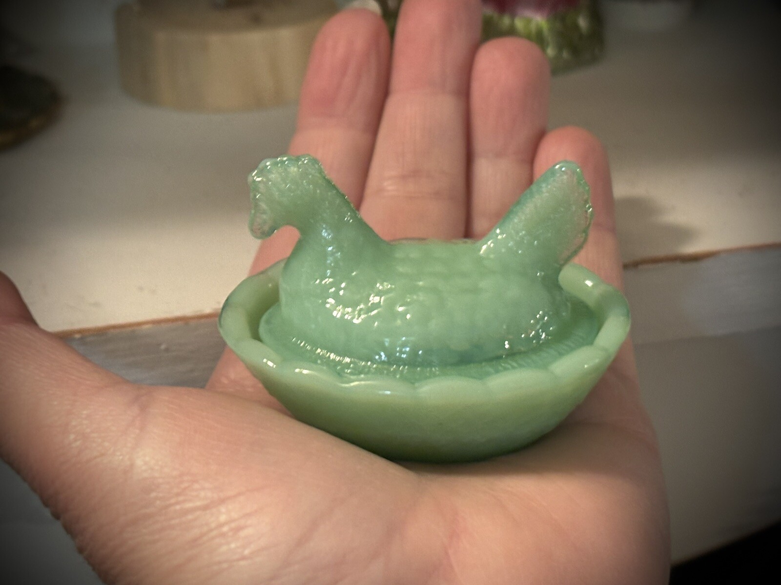 TINY Jadeite Green Glass Chicken Hen on Nest set only 2 1/2" EXC COND