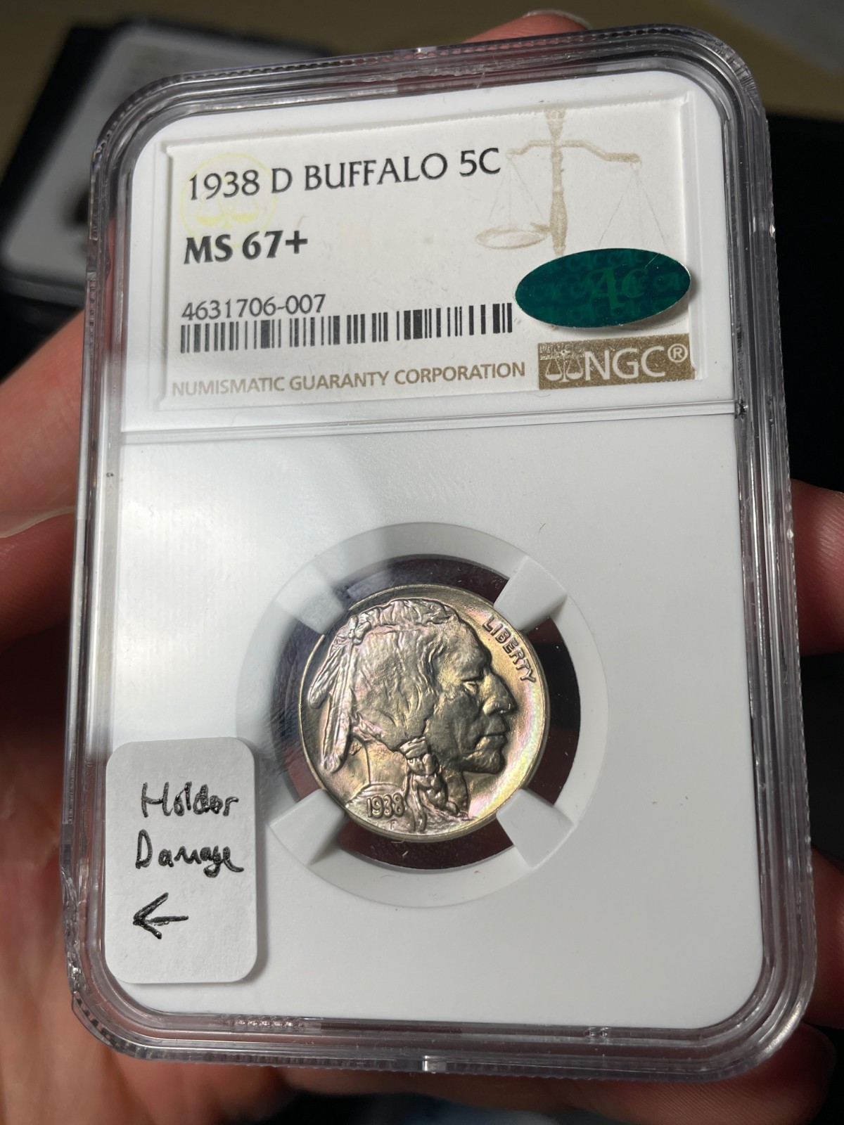 1938-D NGC MS67+ CAC Buffalo Nickel Rainbow Toned
