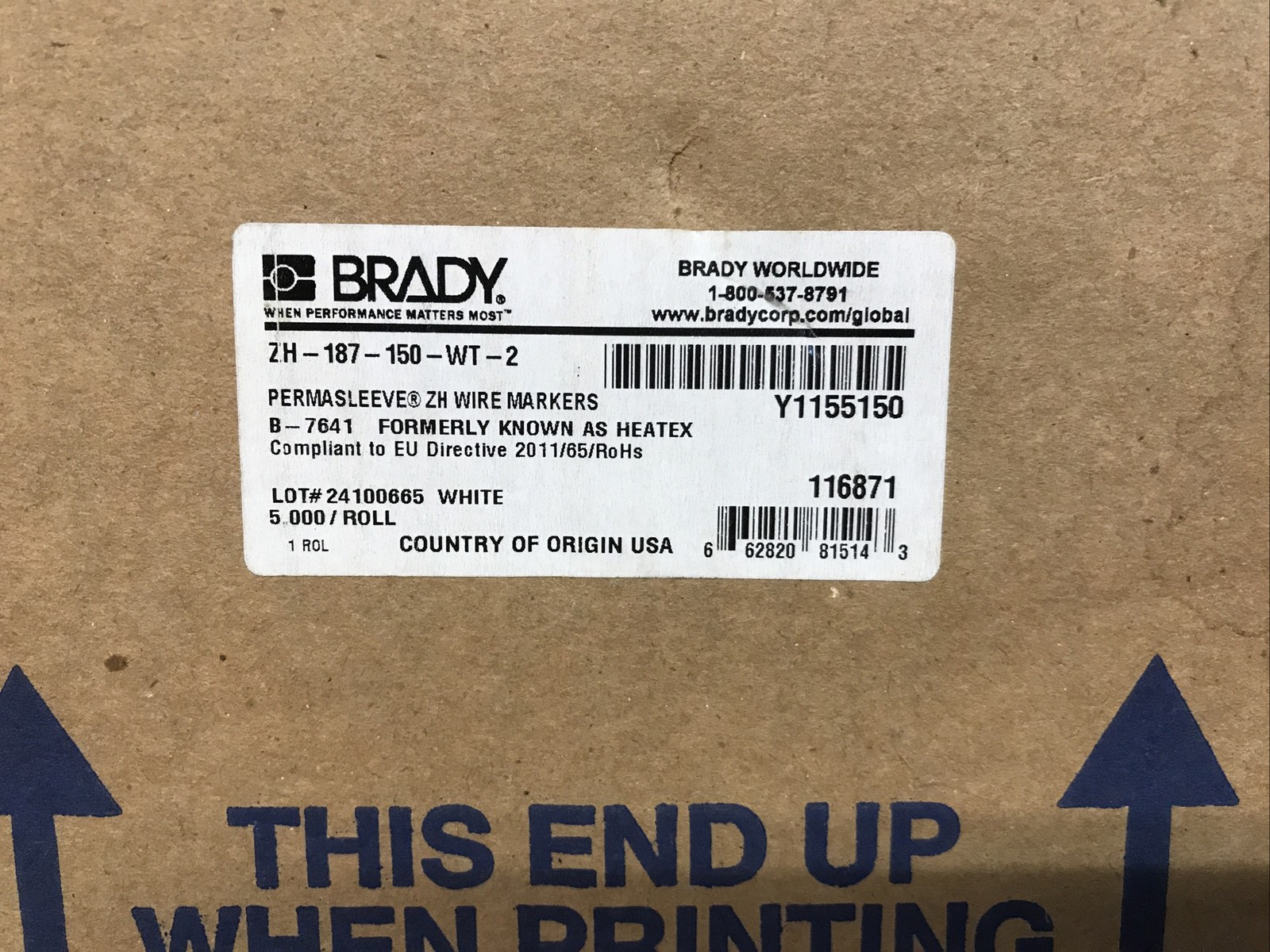 Brady ZH-187-150-WT-2 PermaSleeve Wire Markers White 5000 Count Roll New In Box