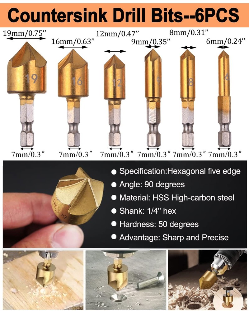 34 Pack Wood Working Chamfer Drilling Tools, 6 Countersink Drill Bit Set, 7...