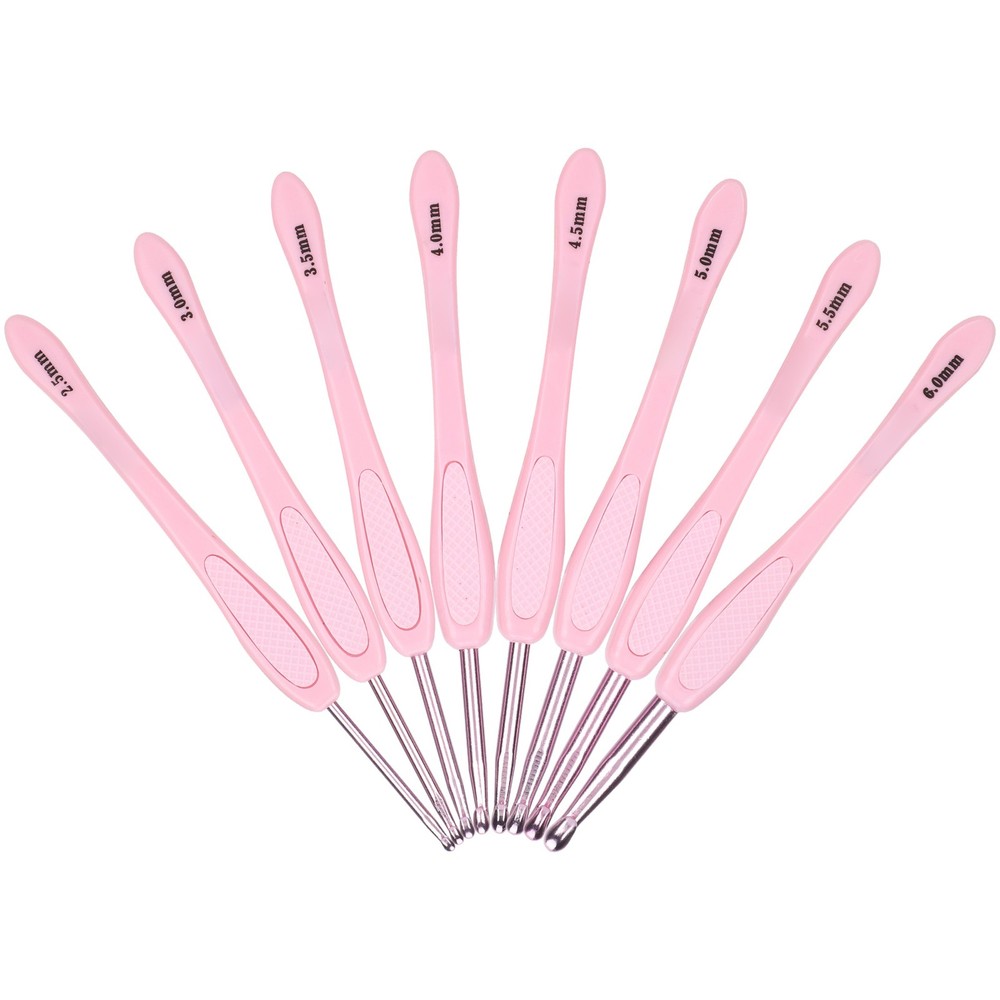 Pink 8Pcs Crochet Hook Thread Knitting Tools ABS Plastic Handle Ergonomic