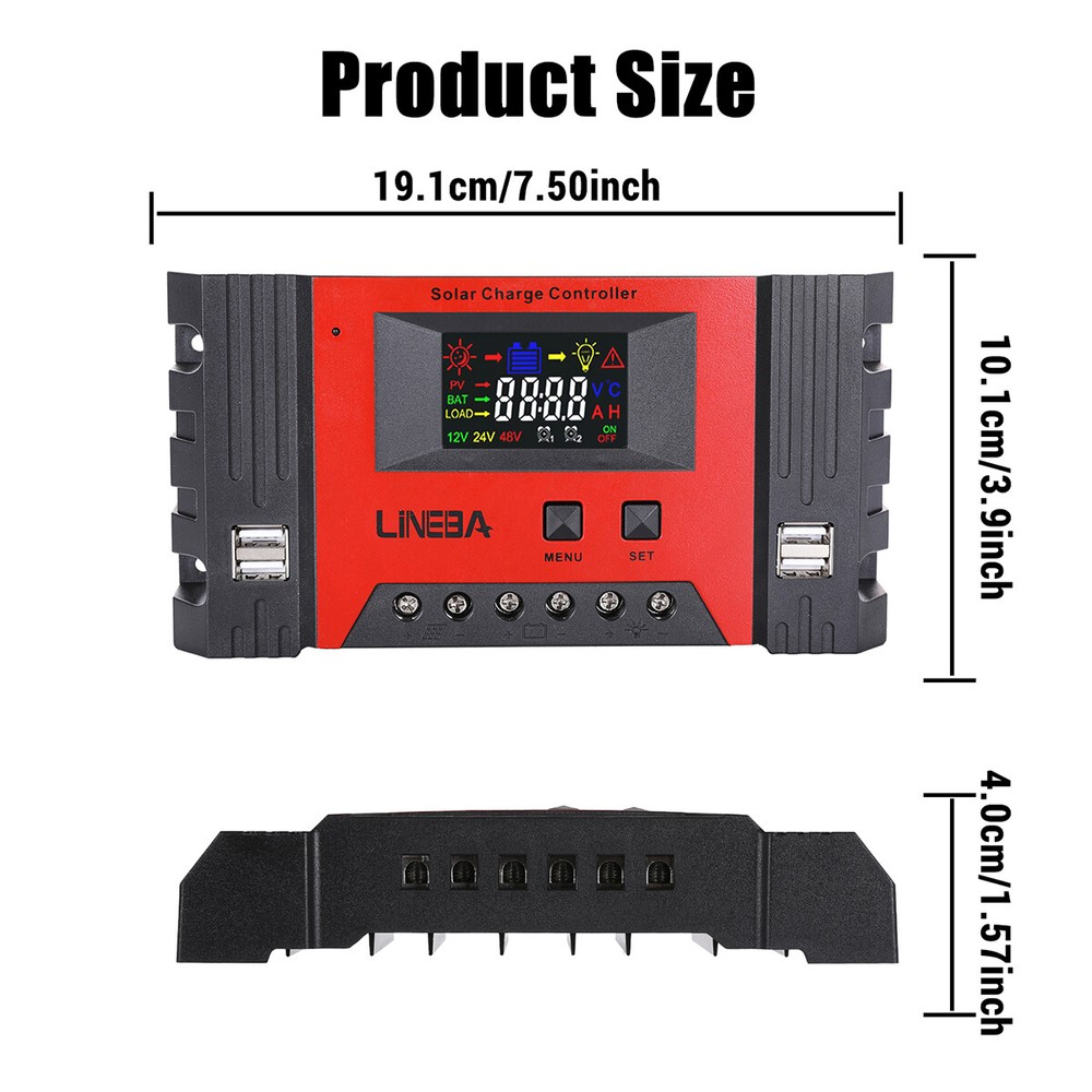 100A PWM Solar Panel Charge Controller 12/24/48V Auto LCD Display 4USB Timer Set