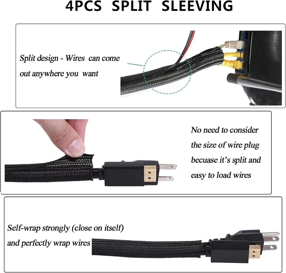 Cord Management Organizer Kit 4 Cable Sleeve split with 41Self Adhesive Cable...