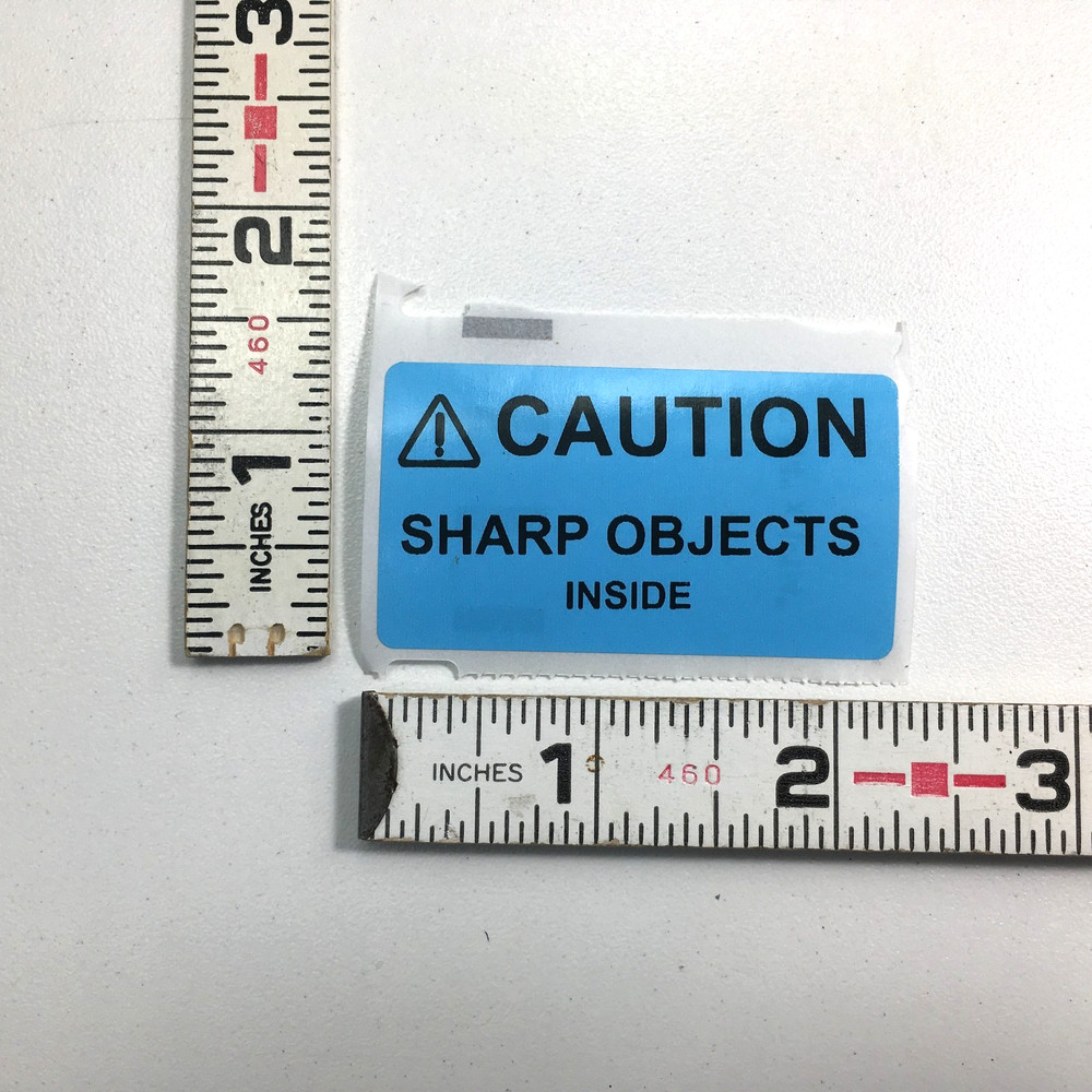 ⚠CAUTION SHARP OBJECTS INSIDE Warning Sticker Label BLUE 2.25" L x 1.25" H
