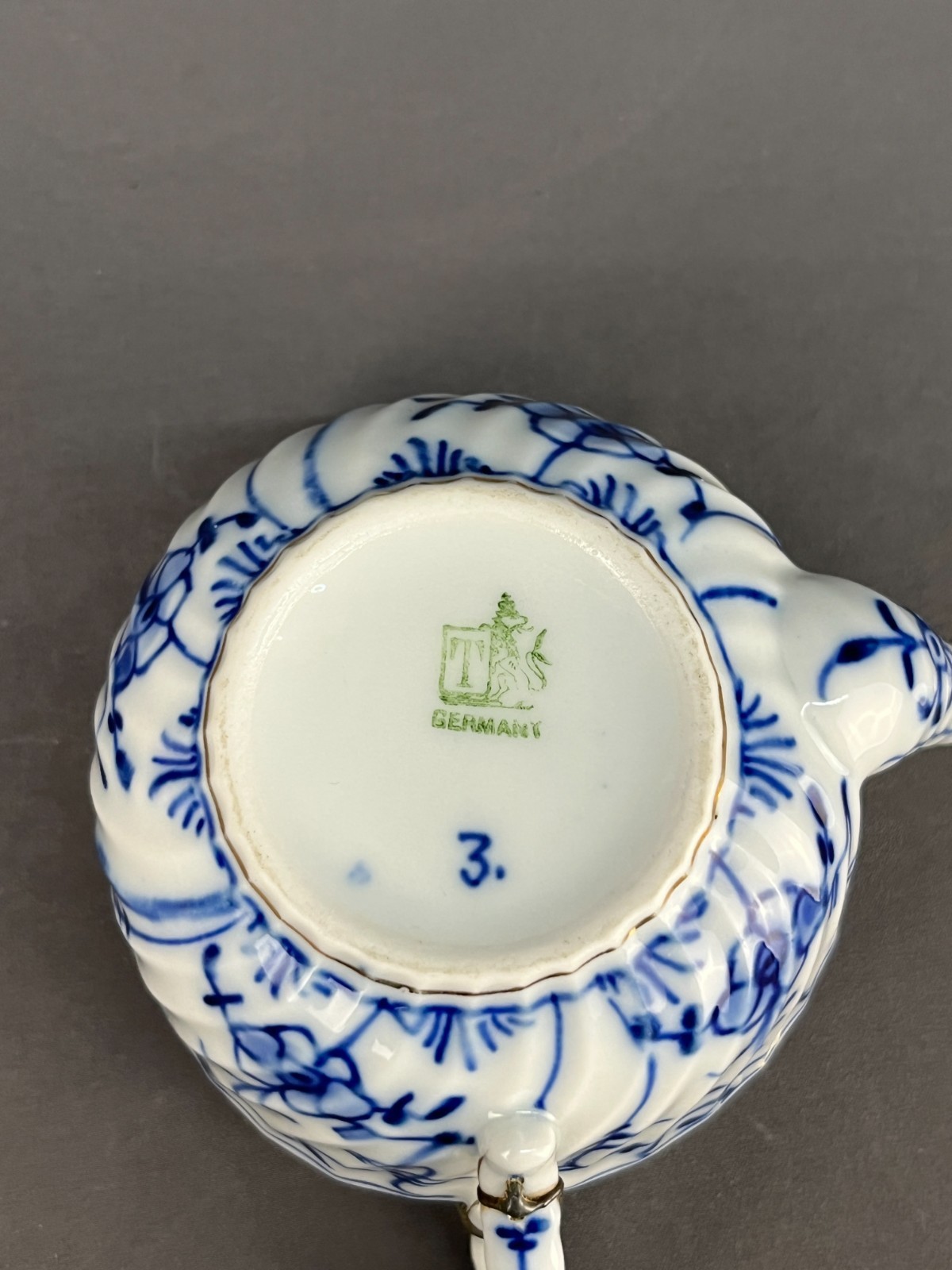 Royal Tettau BLUE ONION Invalid Feeder Pap Boat w/STAPLE REPAIR MAKE DO c. 1885