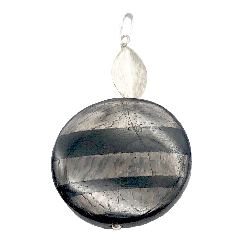 Silver Mirrors Hypersthene 29x7mm Disc Sterling Silver Pendant | 2"Long |