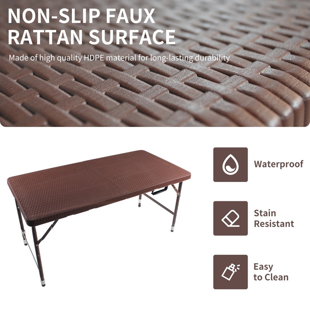 4ft Rattan Folding Table , Portable Foldable Table Rattan Plaited Brown
