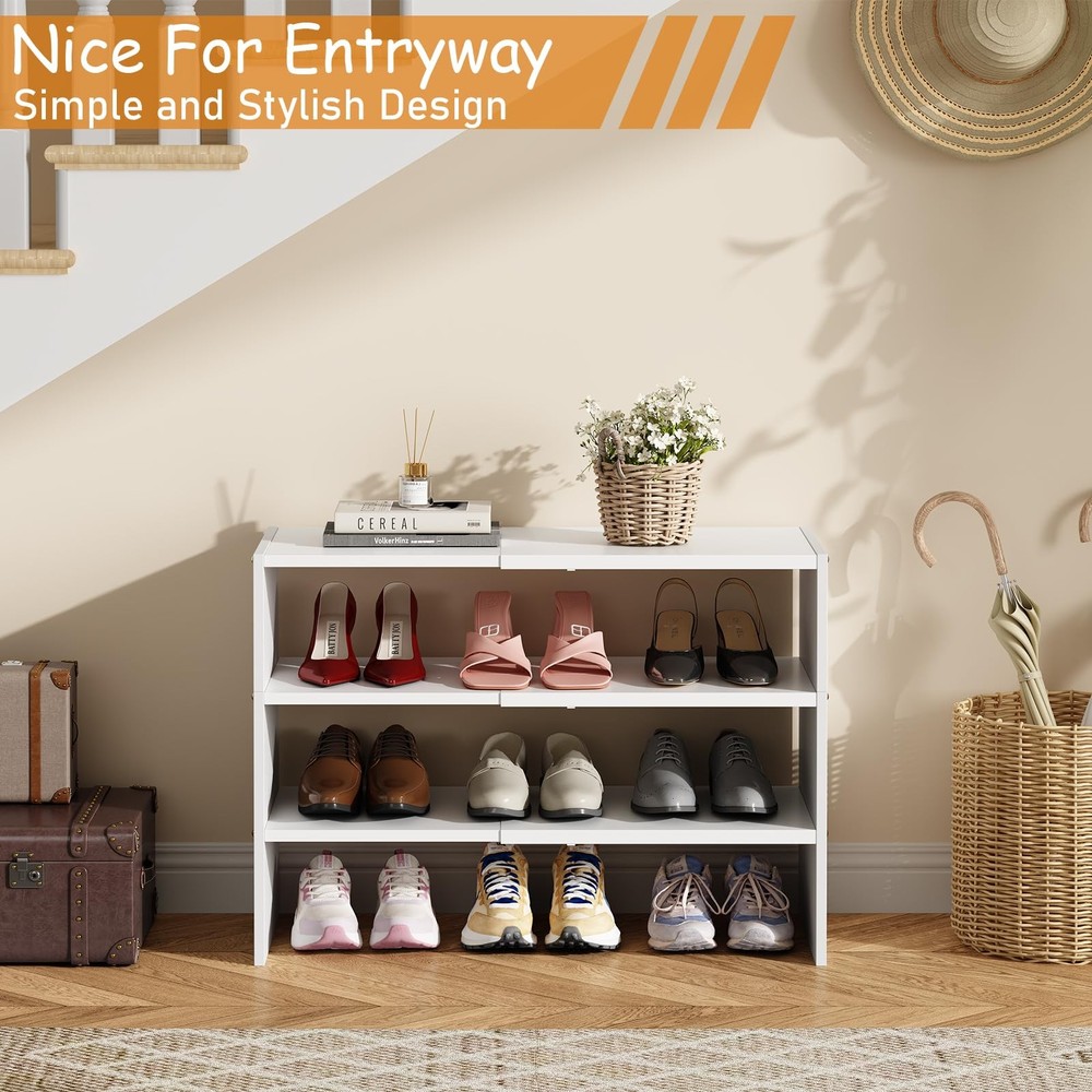 3-Tier Expandable White Shoe Rack Organizer for Closet, Stackable Shoe Racks ...