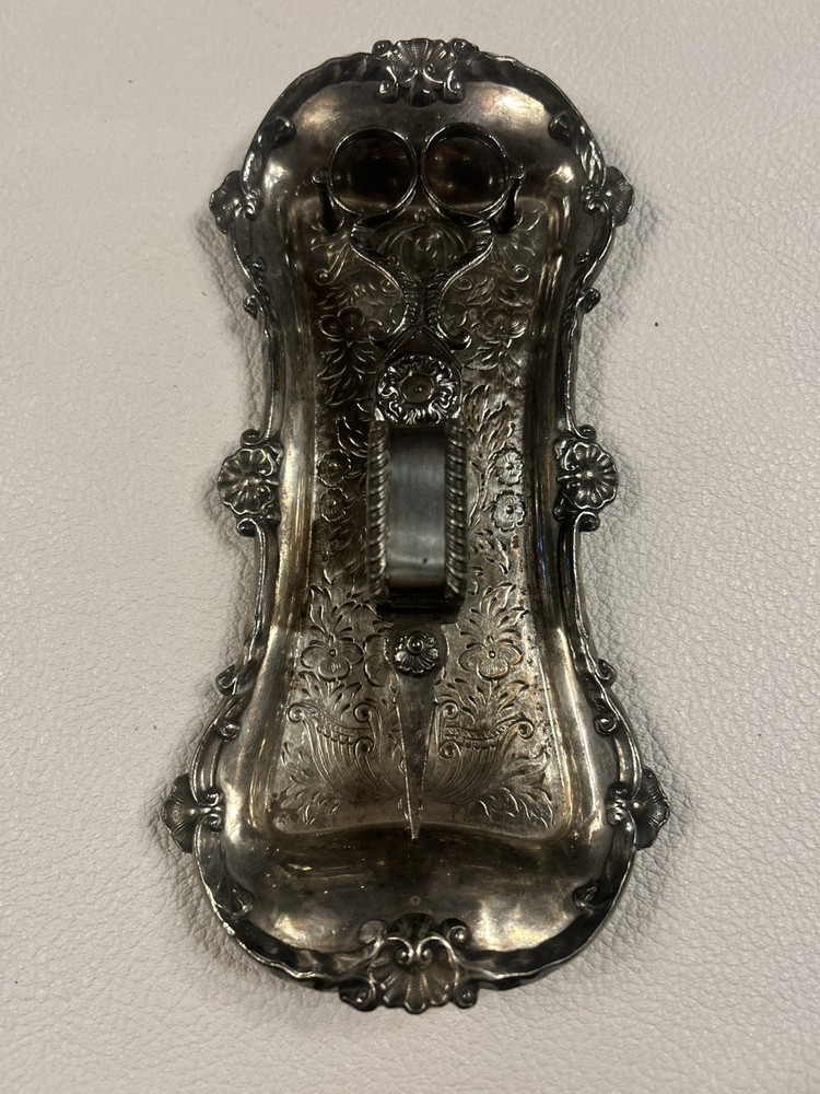 Antique Victorian Signed Gilbert Silverplate Footed CANDLE Wick SNUFFER & Tray