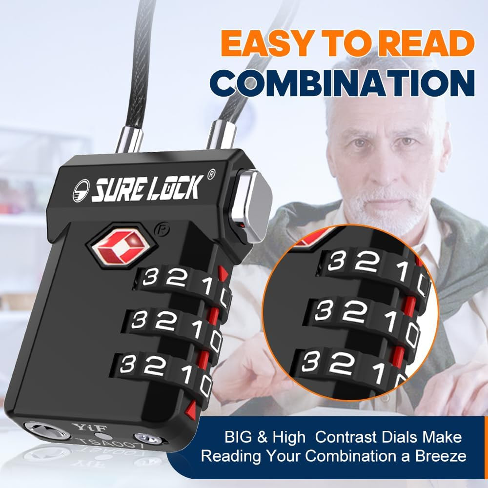 TSA Approved Luggage Locks - 3-Digit Combo Cable Lock Multi-Pack