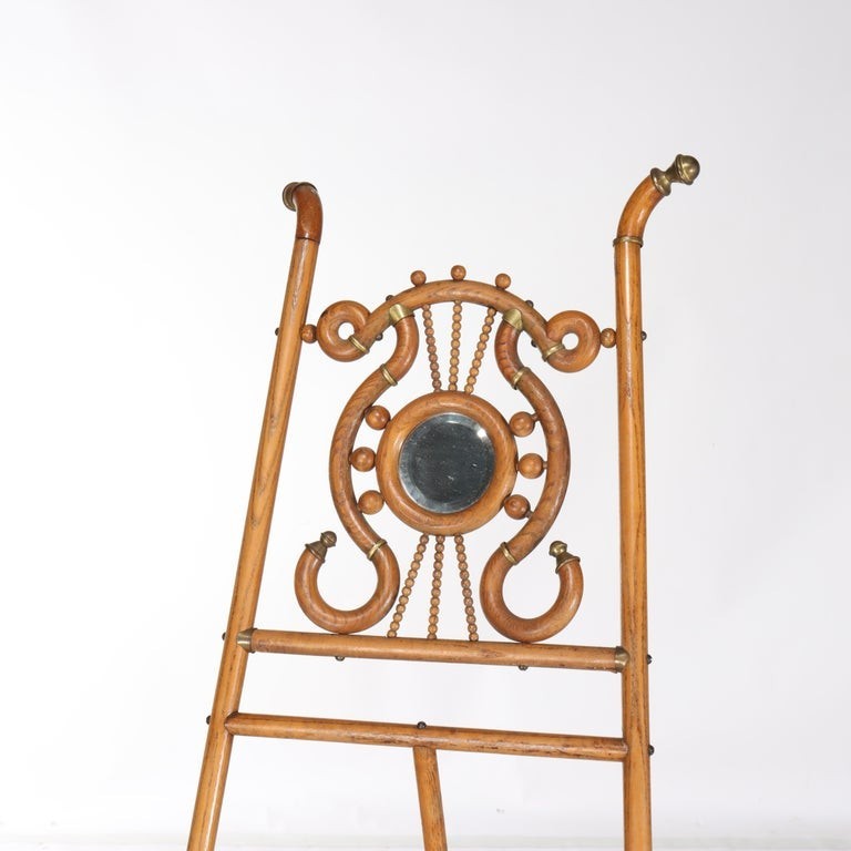 Victorian Oak Stick & Ball Adjustable Easel With Mirror & Brass Caps c1910