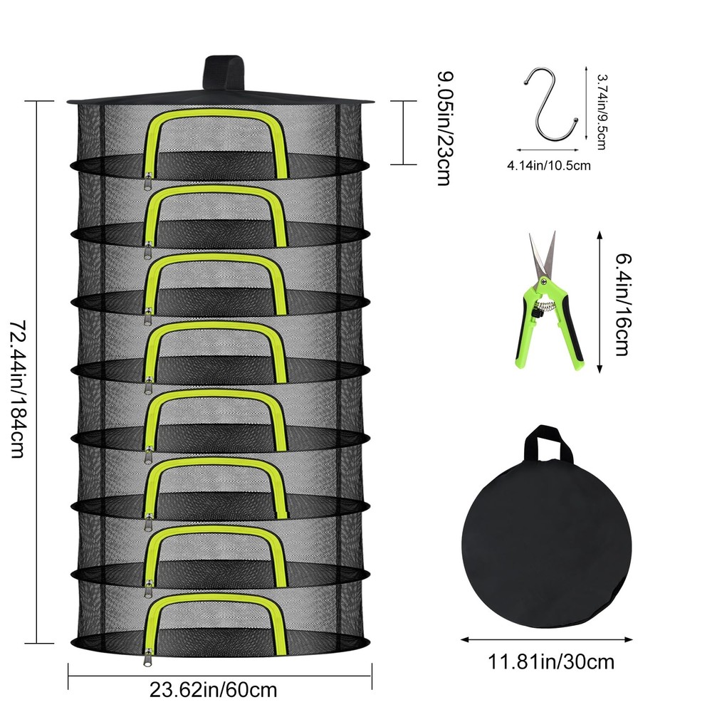 8 Layer Herb Drying Rack Hanging Mesh Foldable UZipper 23.62 Inch Scissors