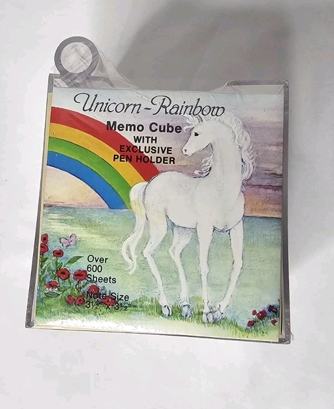 Vintage Memo Cube Stationary 3.5x35 Unicorn Rainbow USA Pen Holder