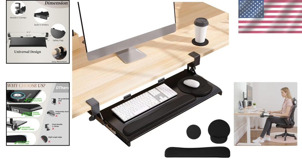 Space-Saving Adjustable Keyboard Tray with Wrist Support & Easy Clamp Attachment