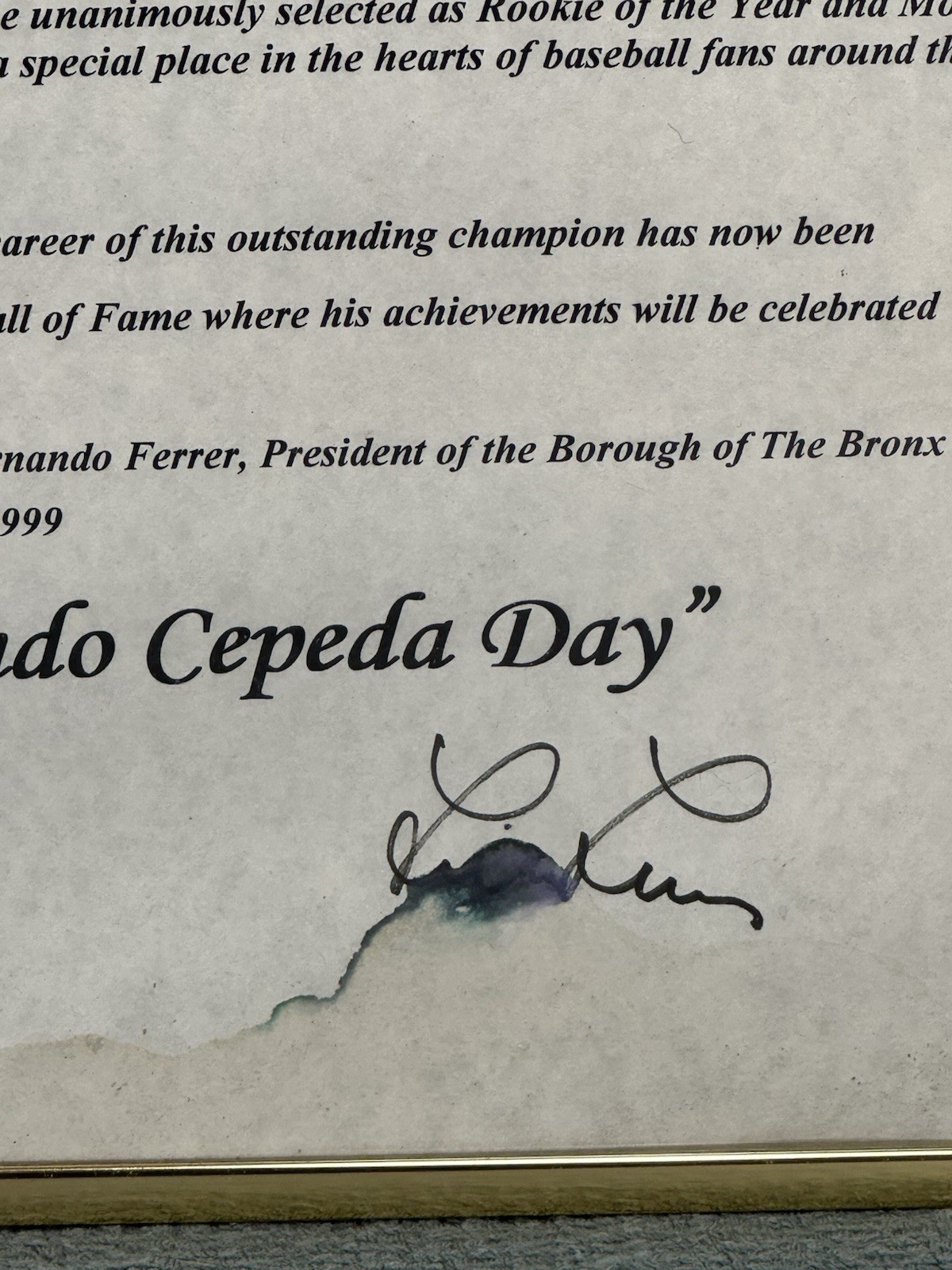 Orlando Cepeda Personally Owned Bronx Proclamation Hall of Fame Induction 1999