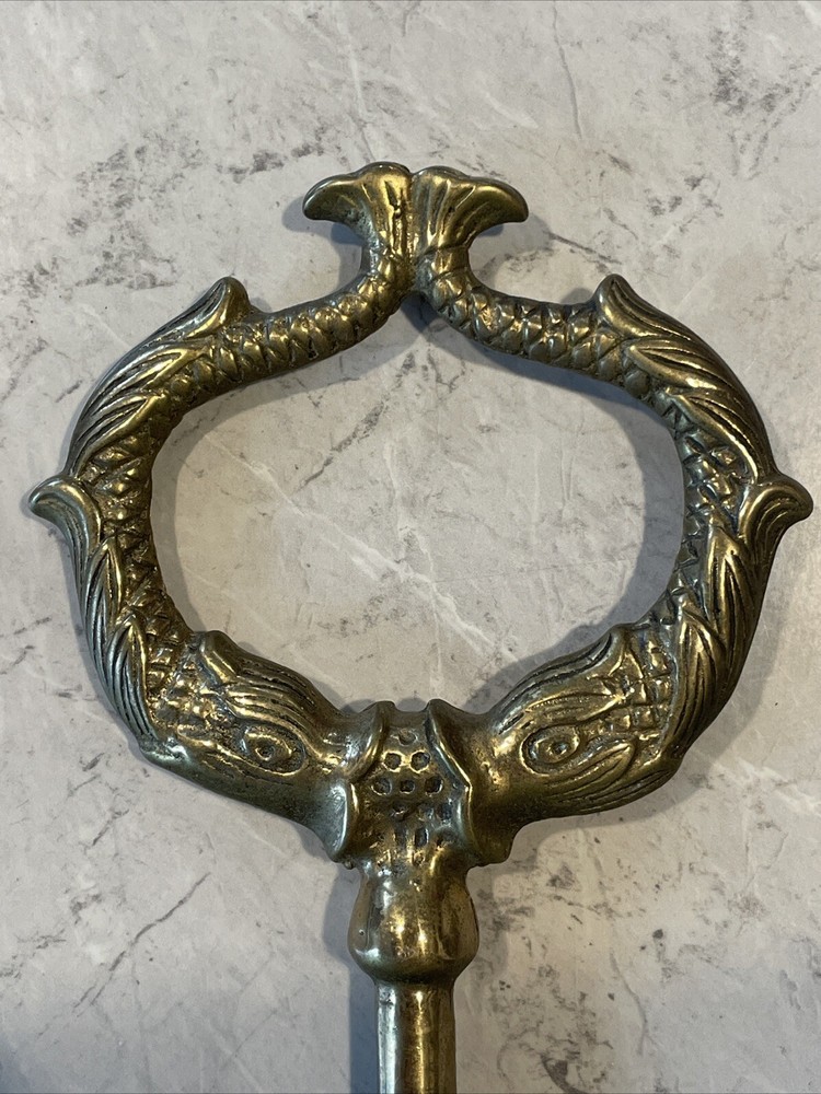 Vintage Large Solid Brass Fireplace Damper Pull Hook 9” Dolphins