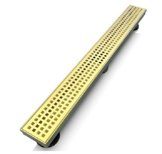 24" Linear Shower Drain, Gold Rectangular Floor Drain with accessories