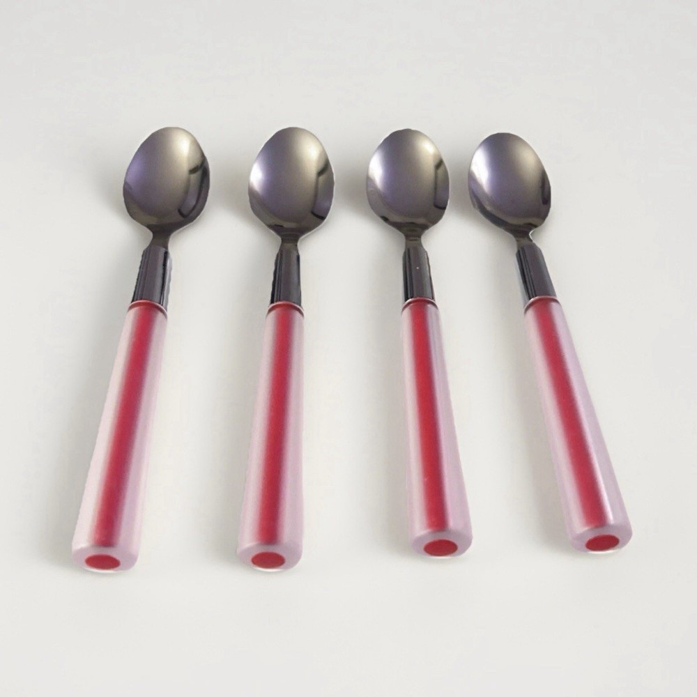 Stainless Teaspoons Red Clear Core Plastic Handle Flatware 6” Set Of 4