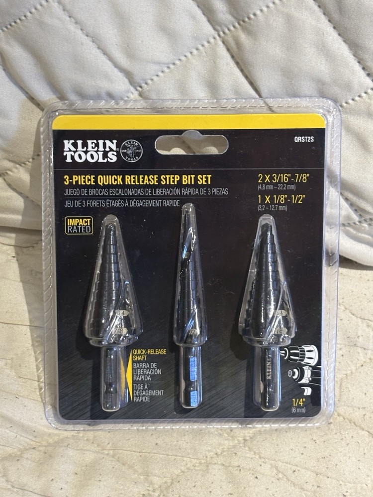 Klein Tools Step Drill Bit Set, Quick-Release, Double Fluted, 3-Piece QRST2S New