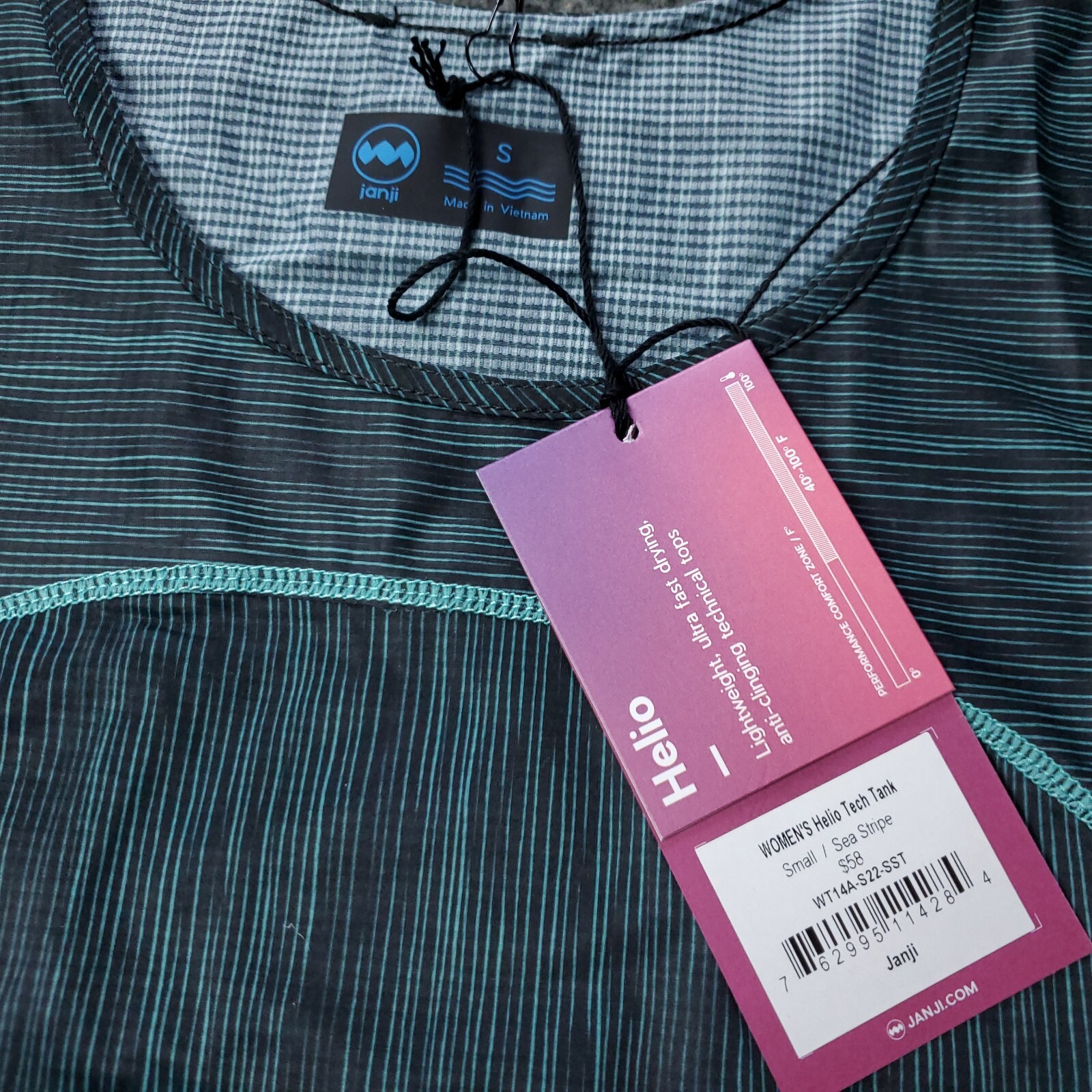 NEW Janji Helio Tech Womens S Small Tank Top Sea Striped Blue Green