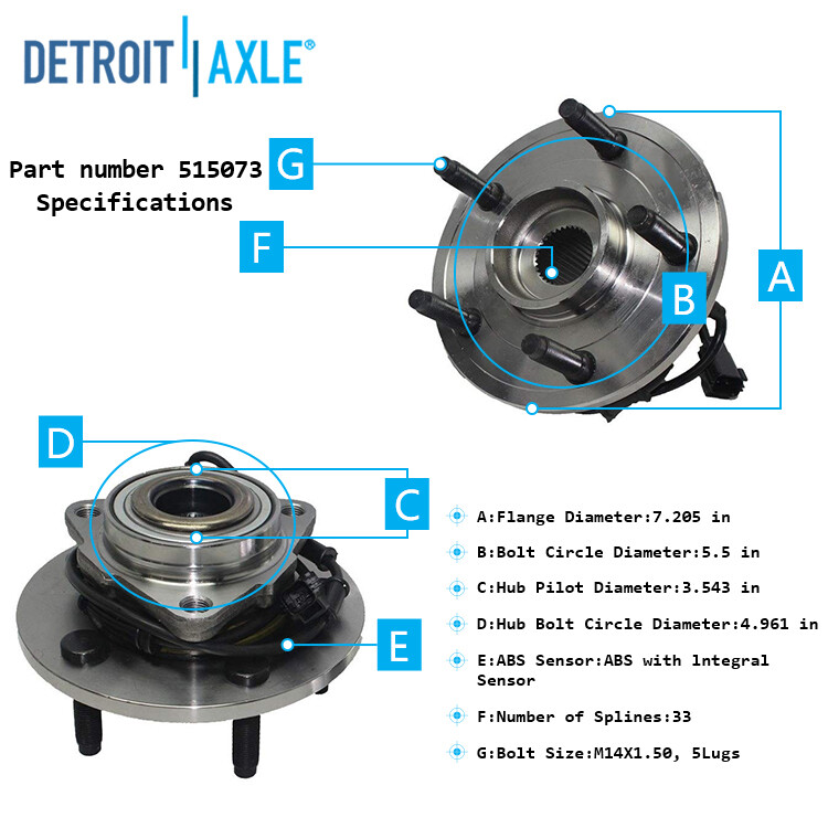 Pair (2) Front Wheel Hub and Bearings for 2002-2005 Dodge Ram 1500 w/ ABS 5LUGS