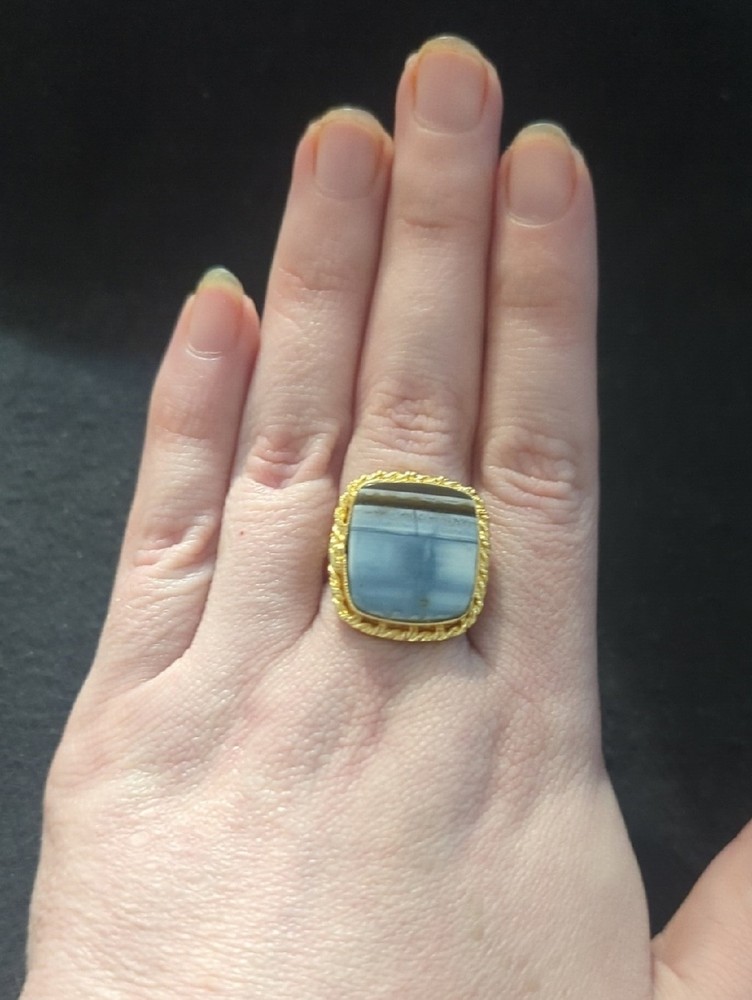 Gold Tone Blue Grey Owyhee Opal Gemstone Square Statement Ring - Size 9.5
