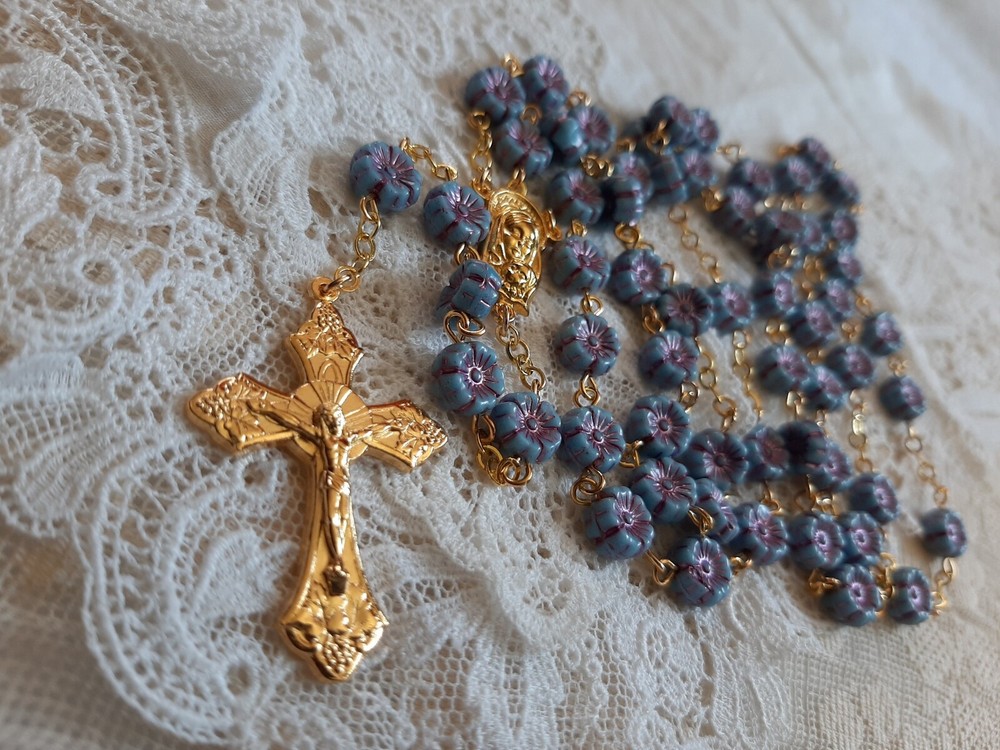 La Petit Opaque Blue Czech Crystal Flower Rosary