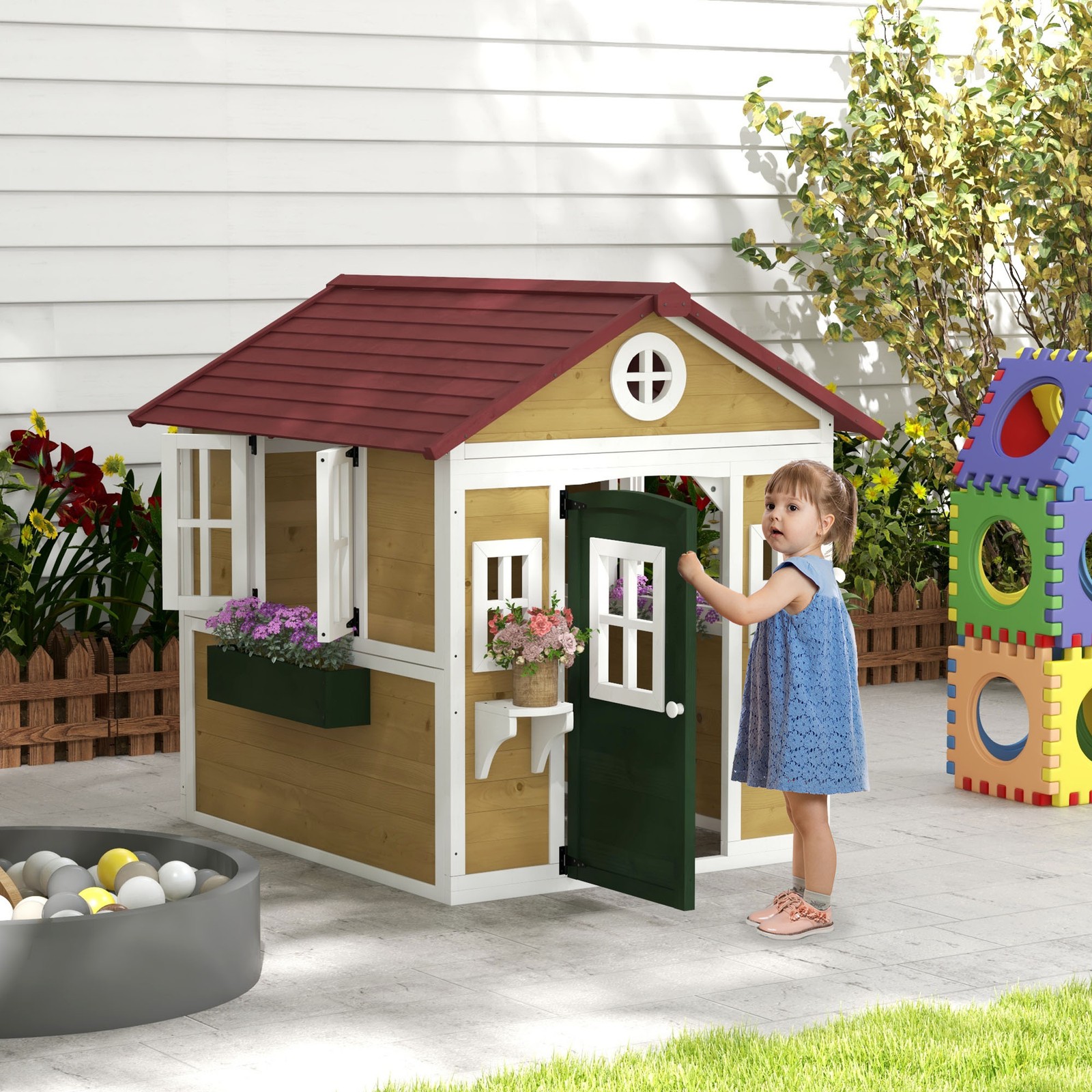 Playhouse for Kids with Doors, Windows, Planter Pots and Boxes