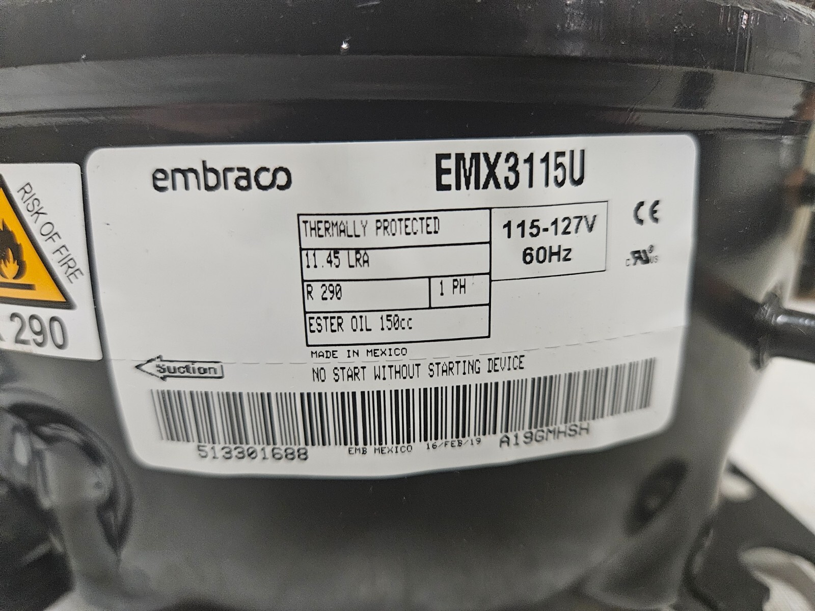 EMBRACO EMX3115U 1/5HP 115V 1PH 60HZ R-290 REFRIGERATION COMPRESSOR