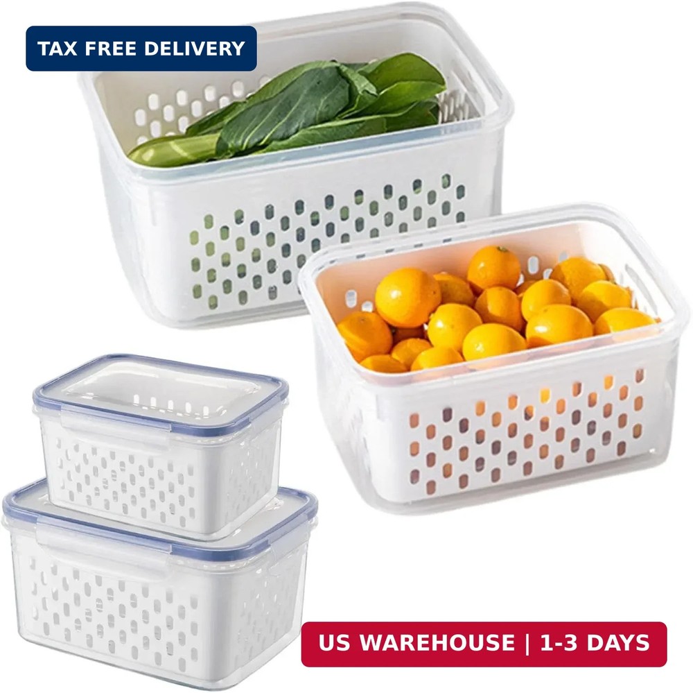 2 Pack Fruit Storage Containers for Fridge with Removable Colanders, Dishwasher